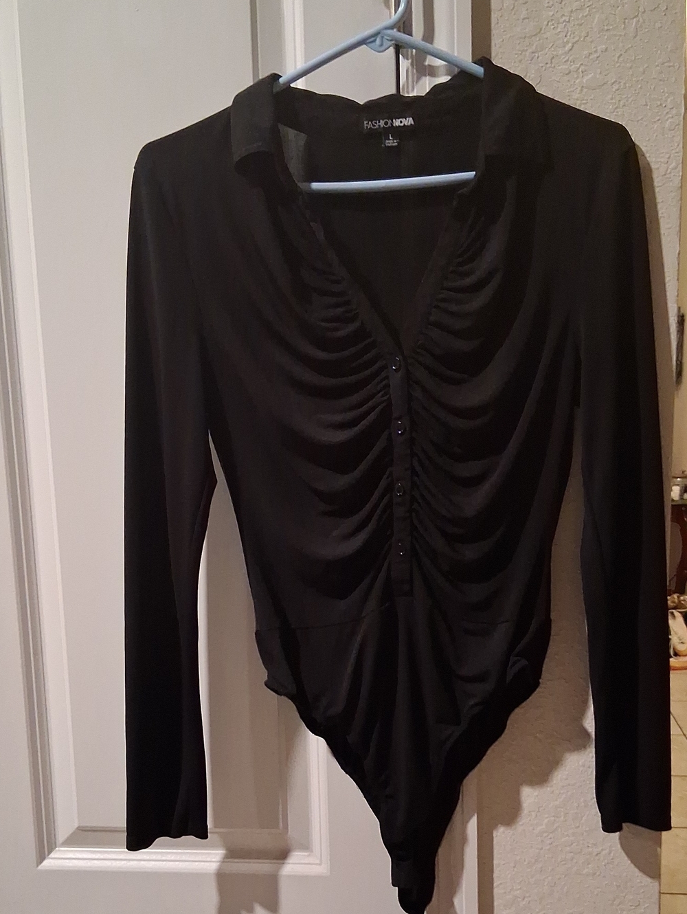 Fashion Nova Black Long Sleeve Ruched Button-Front Bodysuit
